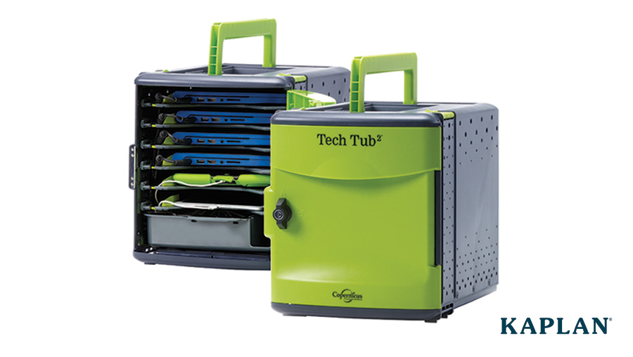 Two lime green and grey Tech Tubs hold a collection of tablets and laptops for safekeeping and charging. 