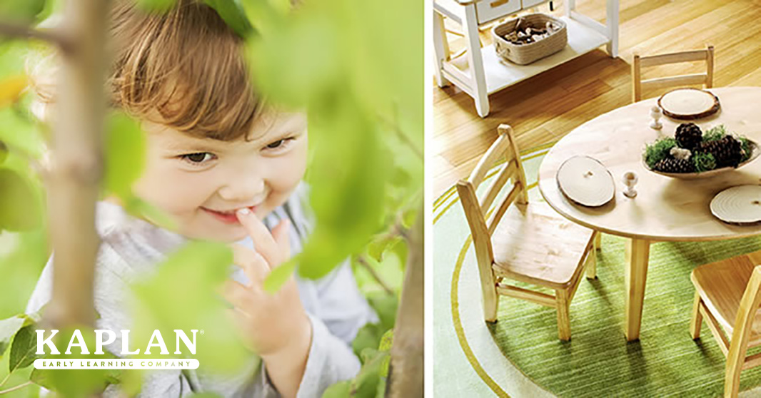 Side-by-side images. In the left image a young child peeks through a green plant.  The image on the right features an oval table in birch set with nature-inspired place settings on a green stripe carpet.