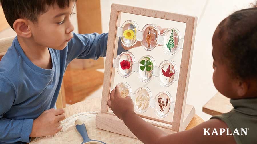 Two young children play with a set of Plant Specimen Stones which are in a stand, sitting on top of a wooden table. The stones are clear with natural materials such as a clover, leaves, flowers, and grasses on the inside. 