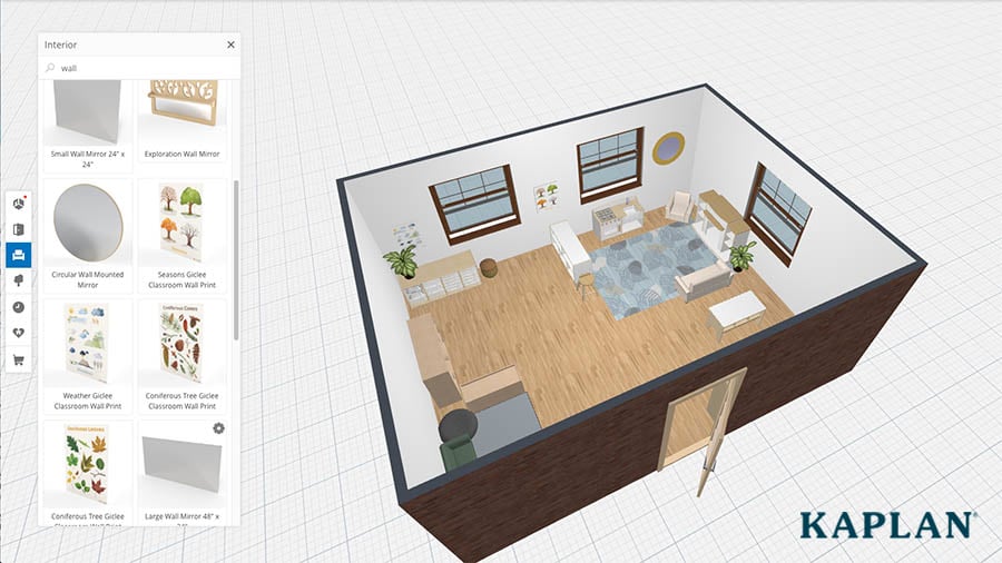 A 3D view of a classroom design inside the myKaplan FloorPlanner design tool. This design features Sense of Place furniture, rugs, and wall art. 