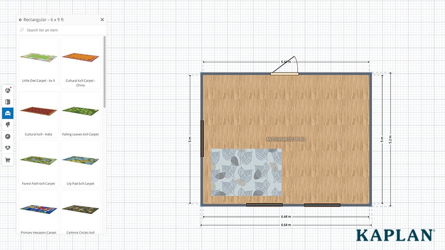 An image of a classroom design and Sense of Place rug inside the myKaplan FloorPlanner tool. 