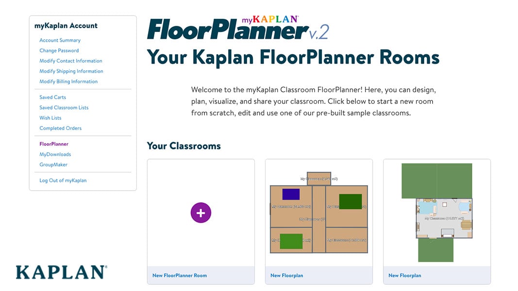 An image of the myKaplan FloorPlanner main screen showing how a customer can start a new room design.