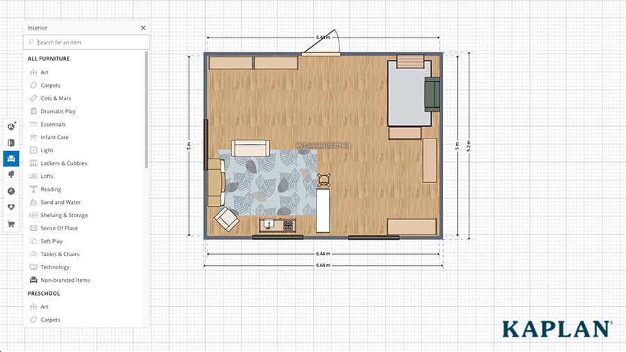 An image of a classroom design featuring carpets and furnishings inside the myKaplan FloorPlanner.