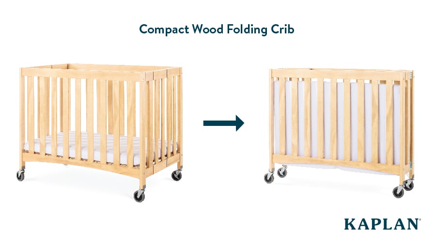 Kaplan's Compact Wood Folding Crib at full size and at folded size; the crib folds horizontally and becomes slim
