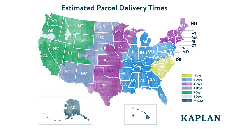 An illustrated and color-coded map of the United States showing estimated parcel delivery times for shipments from Kaplan.