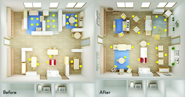 The "before" and “after” illustrations above demonstrate strategies for physically distancing children in a classroom through furniture configuration.  In the "before" density diagram, more than 50% of the children are concentrated in the most popular centers located in the top part of the room. In the "after" density diagram, the centers and children are spread out to utilize the entire square footage of the classroom.