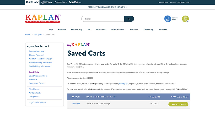 View of the Saved Cart screen inside a myKaplan online account.
