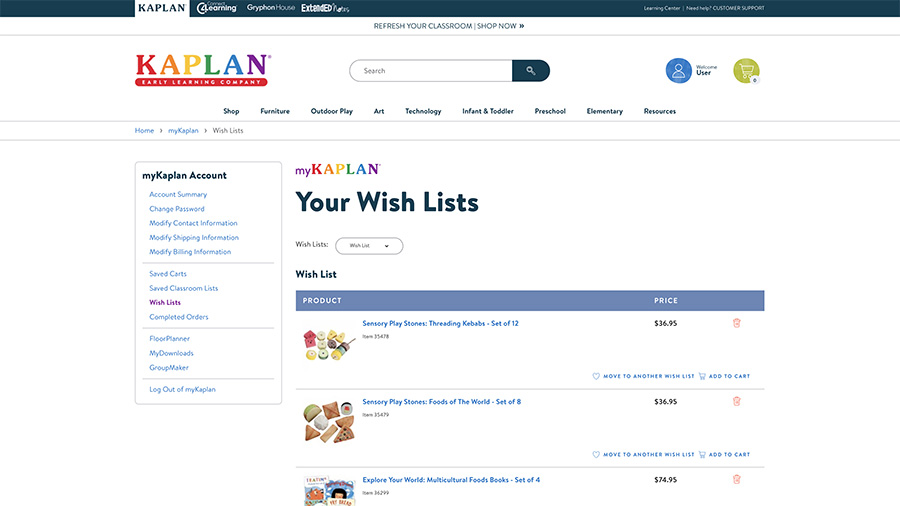 Screen view of a wish list page inside a myKaplan online account.