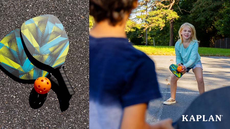 This is a double image. To the left are two Youth Pickleball Paddles laying on the ground with an orange ball. The image to the right shows two young children outdoors, playing with a set of Youth Pickleball Paddles. 