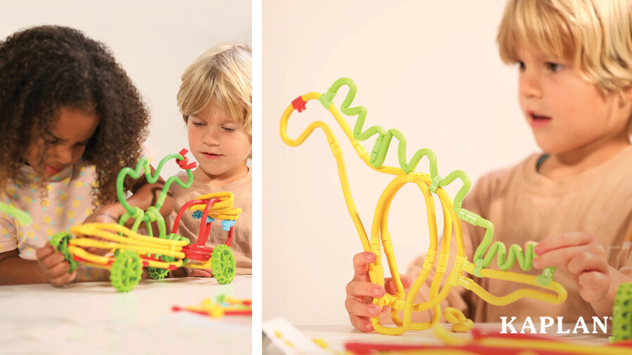 Two children build a dinosaur and car shaped object with the Spaghetteez Flexible Construction and Building Set. 