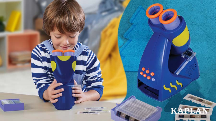 A child looks down through the eye piece of a GeoSafari Jr. Talking Microscope. 