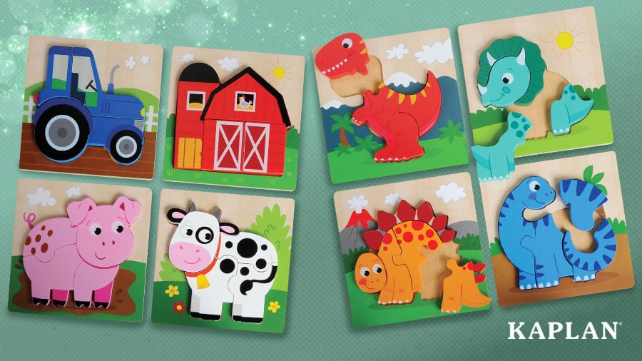 An overhead shot of Chunky Wooden Puzzles featuring dinosaurs and the barnyard.