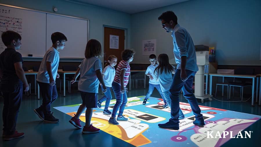 A teacher leads a group of children in a floor game using the Beam Mobile projector.