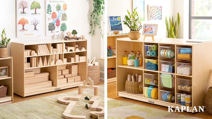 Images of Kaplan Early Learning Company's storage units in a blook play center and art learning center. 