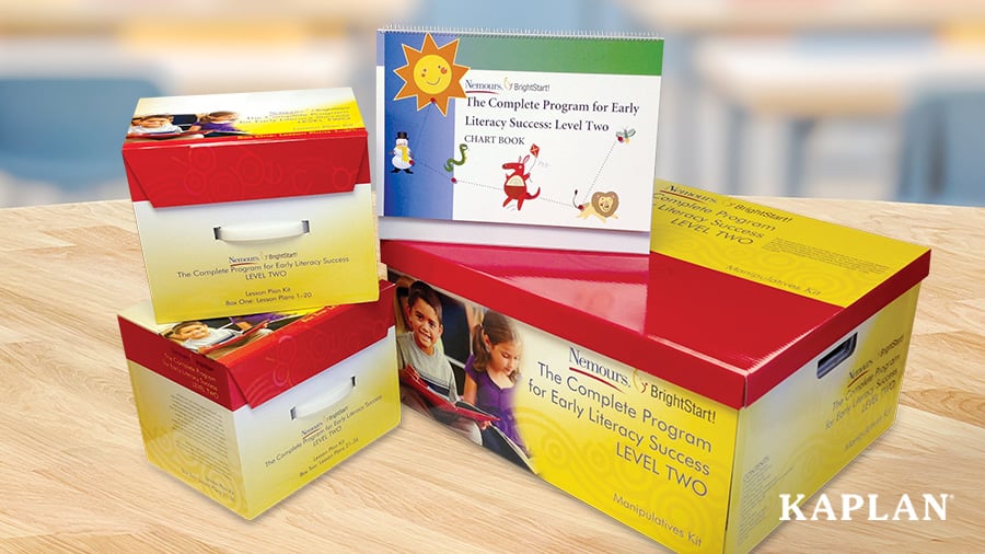 The Nemours Reading Bright Start kit sits on a wooden classroom table. 