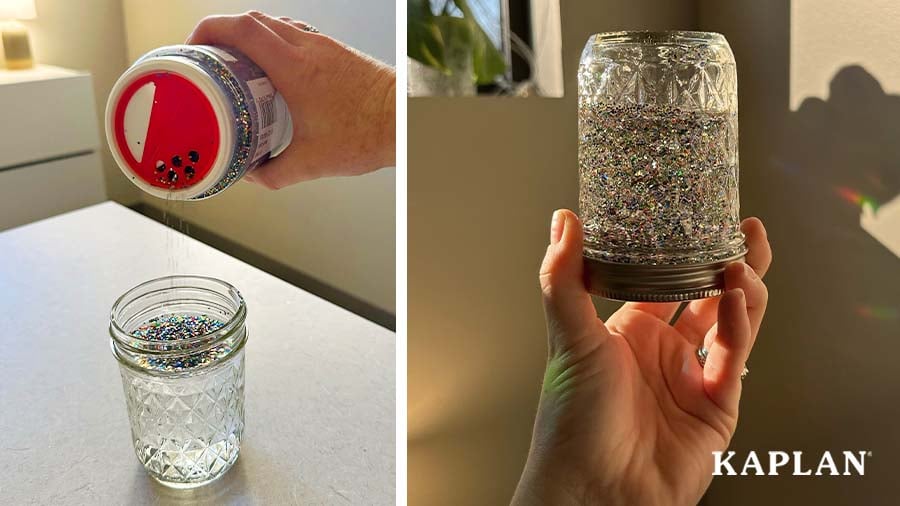 Images showing the creation of a calming snow globe using a small glass jar, water, and glitter. 