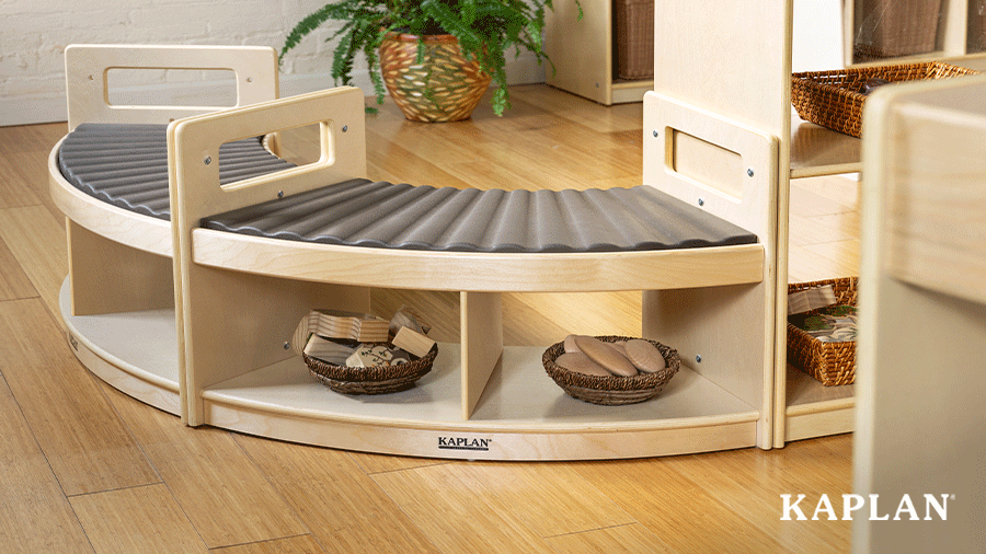 An animated image of the Carolina Connections Rhythm Seating bench. The animation shows the textured cushion on top of the bench, and then the cushion moving to the floor and wooden blocks sitting on top as a makeshift play area.