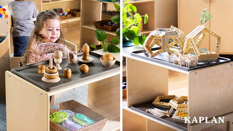 A young child plays with loose parts materials which are on a Carolina Connections Inclusive Mat.