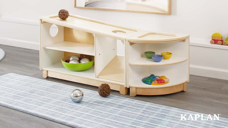 An image of a Sense of Place Striped Runner and a Sense of Place For Wee Ones Angled Storage Unit. 