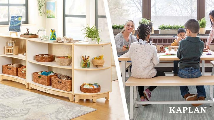 An image of an early childhood classroom featuring the Sense of Place Curved Storage Unit and Sense of Place Collaboration Bench. 
