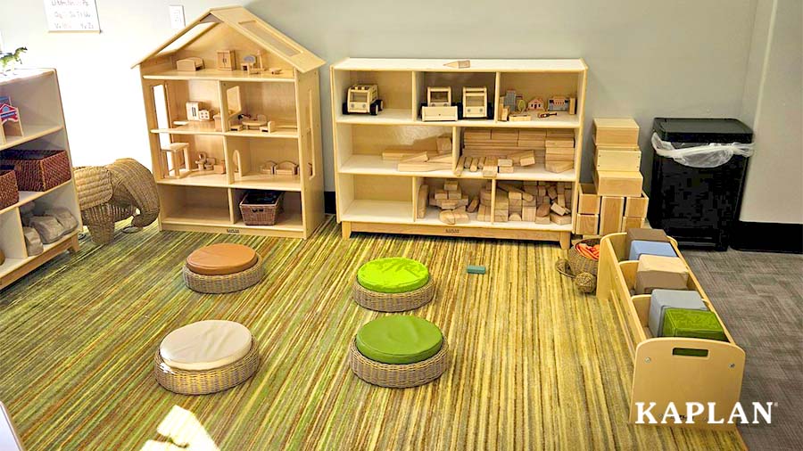 An image of the preschool block learning center located in the Goodwill Excel Center's drop-in child care space.