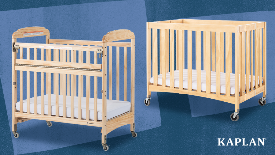 Two wooden cribs placed on a blue, two-toned background