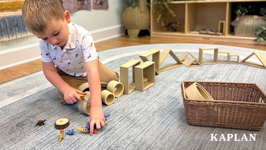A young child sits on a blue classroom carpet, he is placing dinosaurs on a block pathway while participating in the Migration Station activity. 
