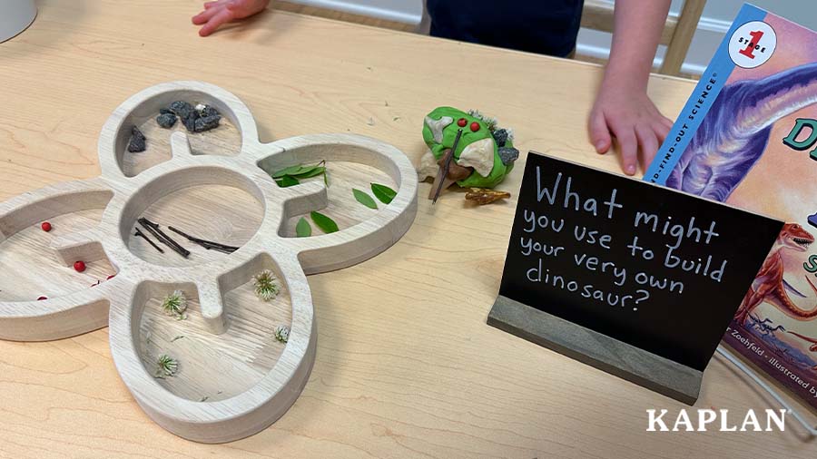 An image of a loose parts tray containing natural materials and a small chalkboard with the words, "What might you use to build your very own dinosaur?" printed on it. 