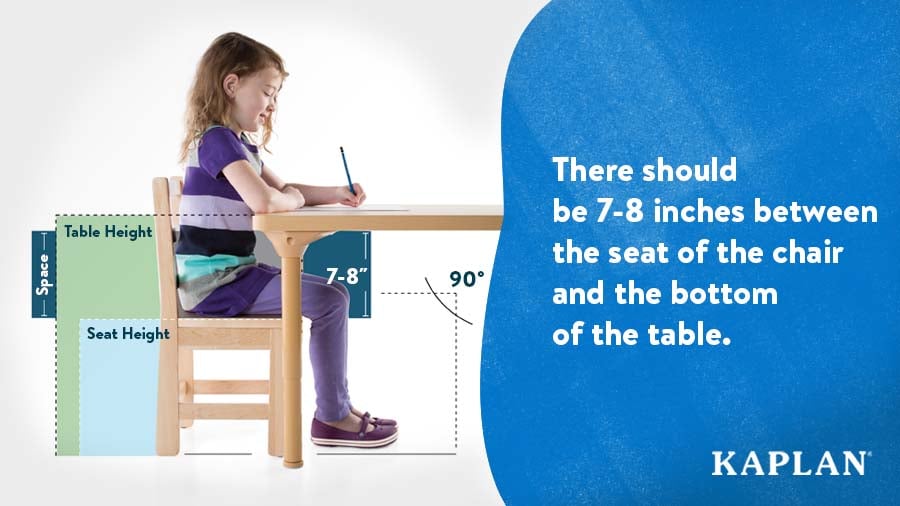 A graphic that uses measurements and a young girl sitting at a table to identify the correct amount of space between the seat of the chair and the bottom of the table (7-8 inches)