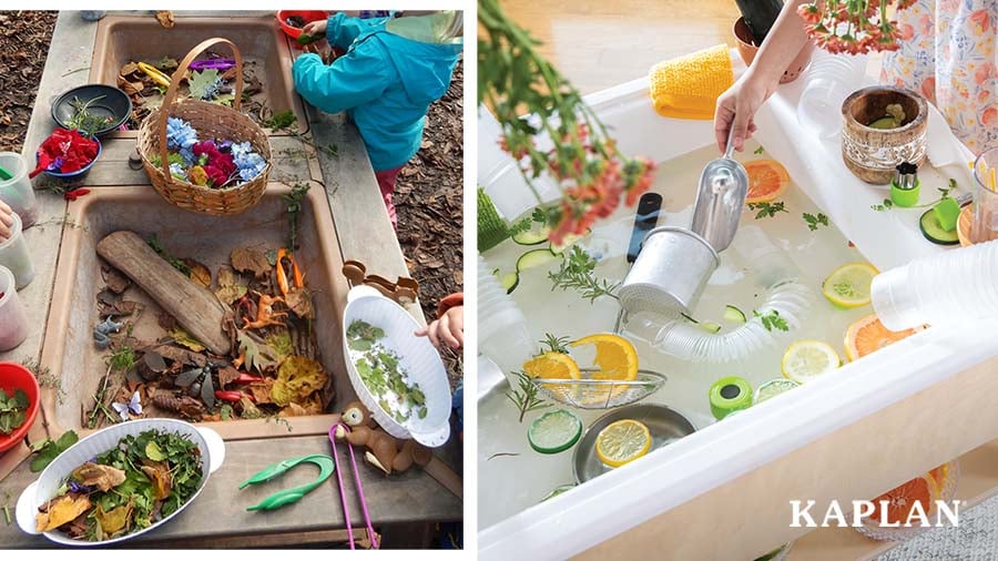 Side-by-side images of children exploring natural materials in sensory tables