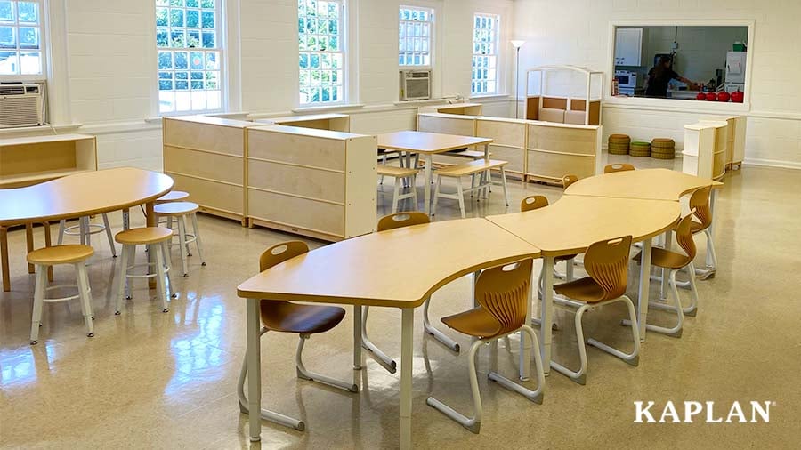 An elementary classroom at Tuckahoe Montessori in Virginia, featuring the Sense of Place for Elementary furniture collection. 