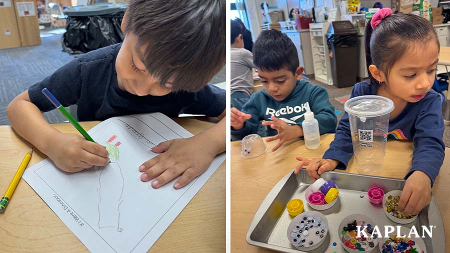 Two images are depicted. The image on the left shows a young boy using a green colored pencil to draw a dinosaur on a piece of paper. The photo on the right shows two children sitting at a wooden table, a tray of loose art materials are in front of them, and the children are looking down at empty plastic cups as they decorate the cups with the art materials.