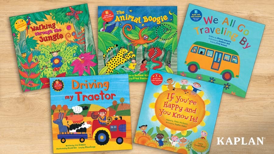 Five preschool-friendly books spread out on a tabletop