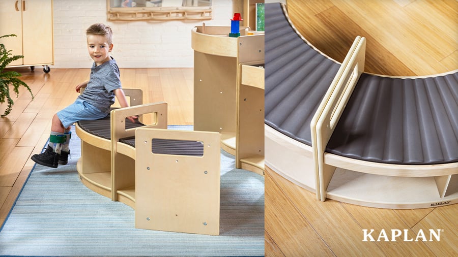 Split image showing Kaplan's Carolina Connections Rhythm Seating and a young child using it