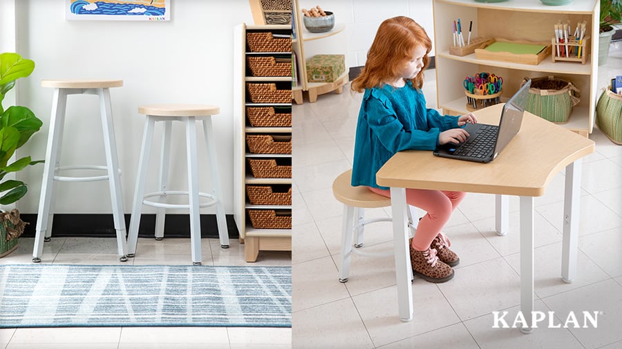 Split image of Kaplan's flexible seating on display and a child using the same furniture