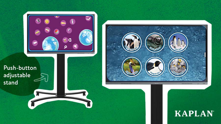 An image of two Inspire Interactive Panels featuring educational apps on the screen. Text on the image says, "Push-button adjustable stand."