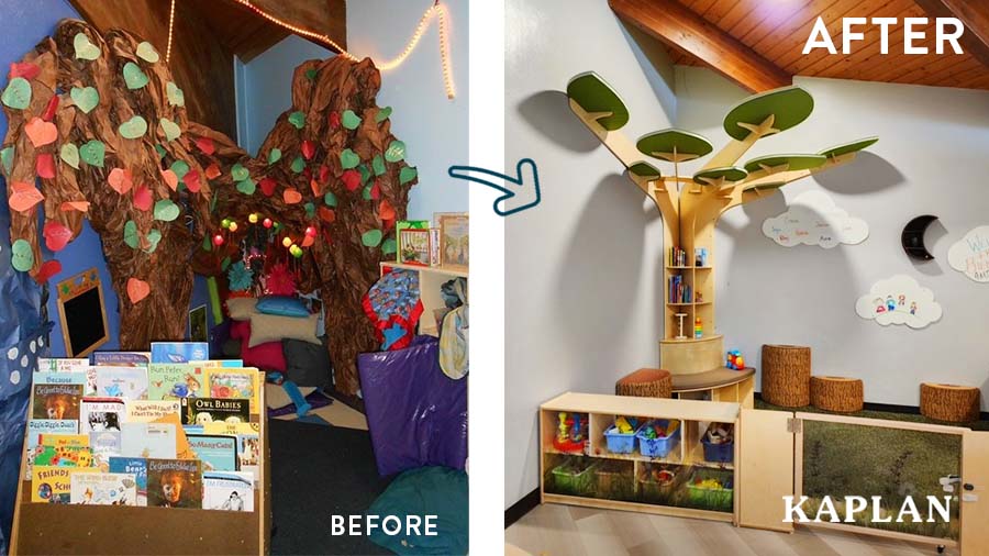 An image of the East Gate Kids preschool reading nook before and after the transformation. 