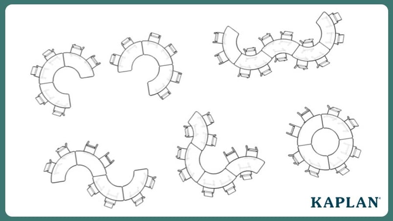 An image depicting six desk configurations for the Sense of Place for Elementary collection. 