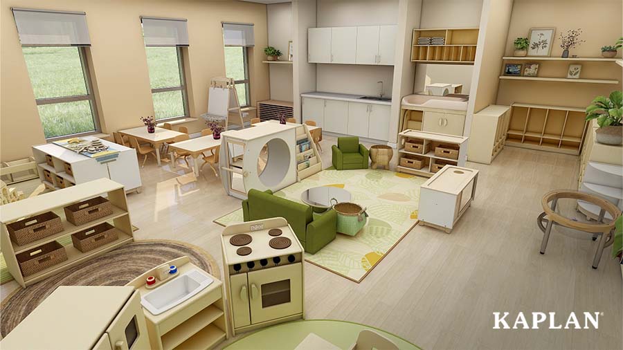 A 3D rendering of a preschool classroom featuring items from the Sense of Place and Carolina Birch furniture collections. 