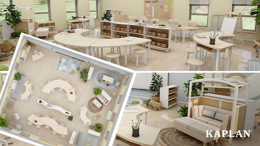 An image showing three different classroom renderings that can be found on the Kaplan Classroom Lists webpage. 