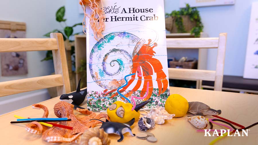 An image of the book, Home For Hermit Crab, and various plastic sea creatures and art materials sitting on a wooden table in an early childhood classroom. 