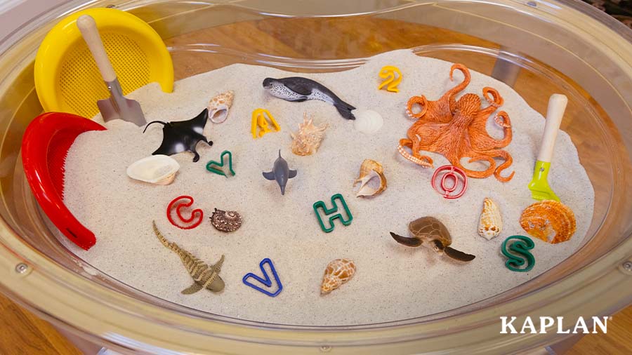 An image of plastic sea creatures and letter shapes in a classroom sand table. 