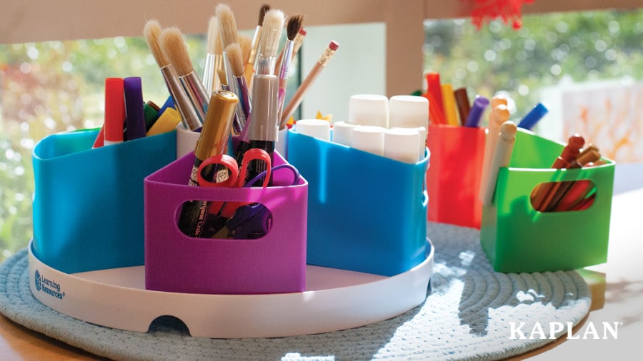 Classroom art supplies neatly organized in tabletop storage solutions