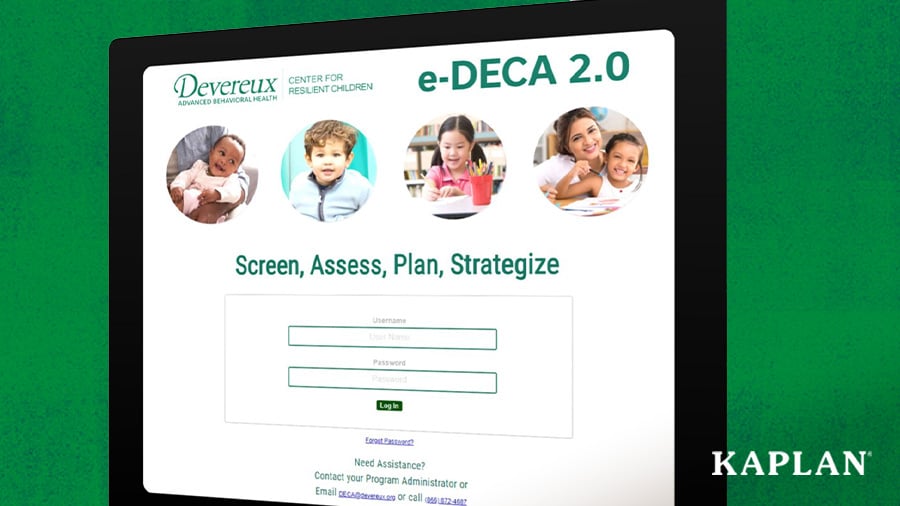 A tablet showing the sign-in screen for the e-DECA platform. 