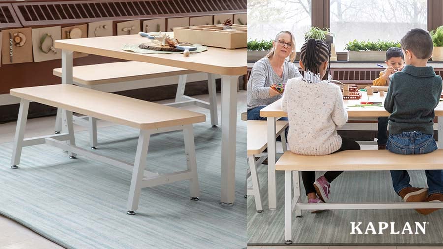 A double image. The left shows a Sense of Place Collaboration Bench, and the second picture shows children and a teacher sitting on the bench while working on a classroom art activity. 