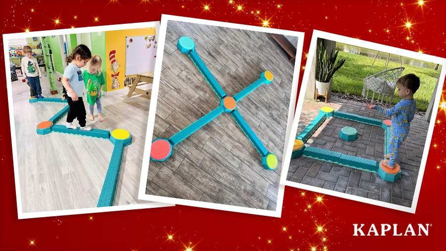 Three photos of children playing on Balancing Beams and Stepping Stones indoors and outdoors