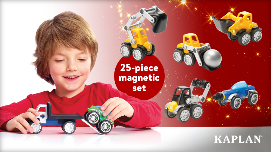 A smiling child rolls a magnetic toy car up the ramp of a flatbed truck, beside other SmartMax Power Vehicles