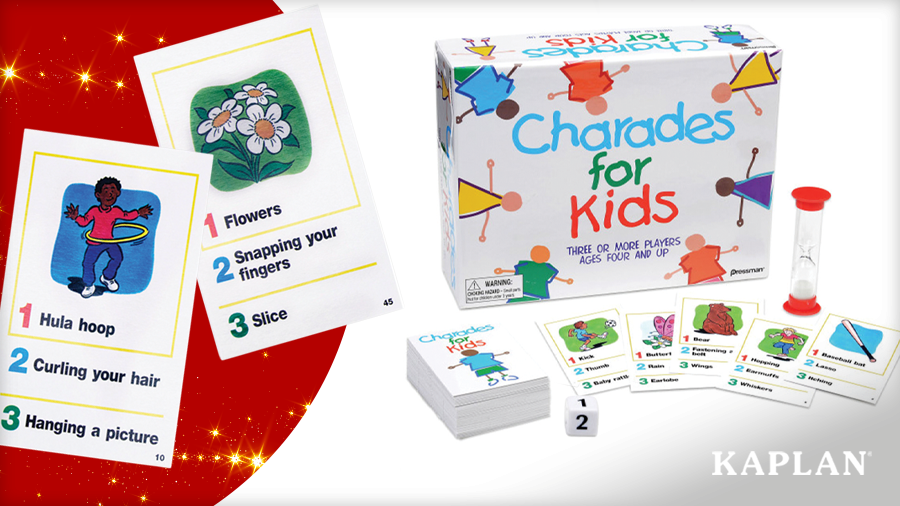 Charades for Kids game with its box, picture prompt cards, die, and sand timer