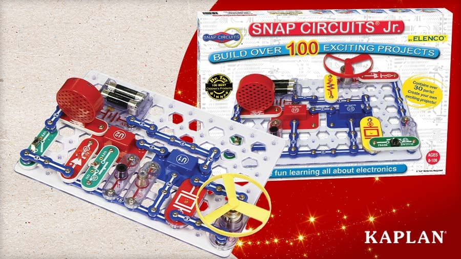 Snap Circuits Jr. electronics kit with an assembled circuit next to the product box