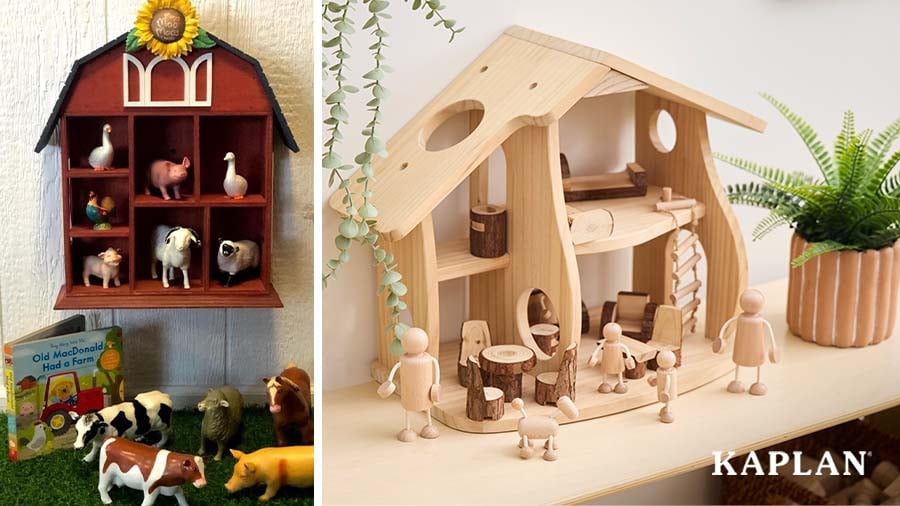 Open-concept farmhouse and dollhouse to use for vertical learning
